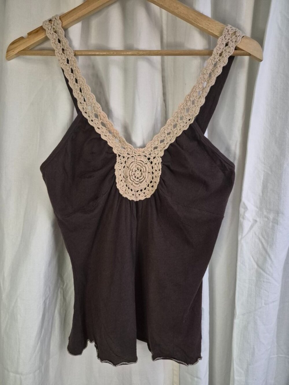 Rave Brown Small Crochet Retro 90s Y2K Party Boho Peasant Tank Top